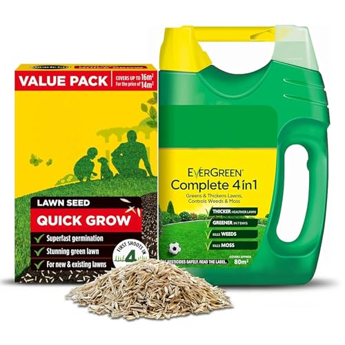 Fast Growing Grass Seed Bundle - Miracle Quick Grow Lawn Seeds 480g 16m2 & Complete 4in1 Lawn Food Spreader 2.8kg 80m2 Spring Lawns Feed Weed and Moss Killer with Topline Card
