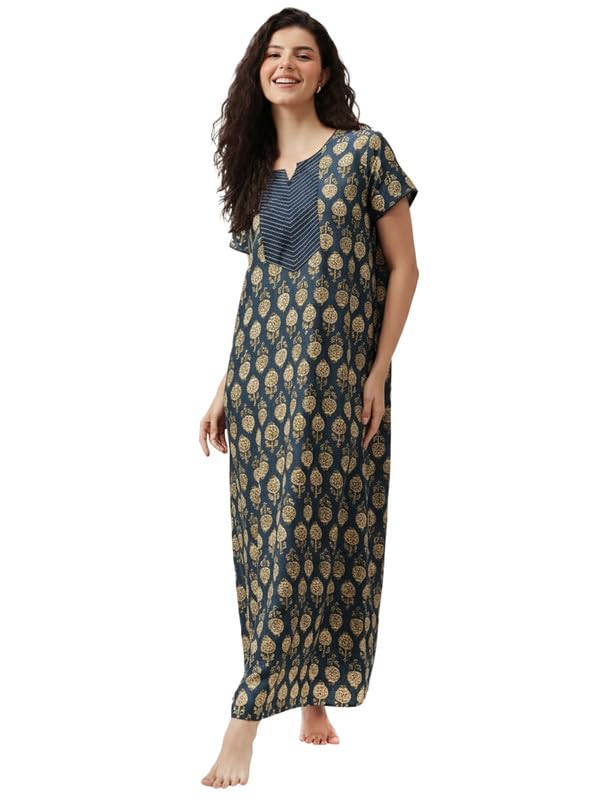 Image of Clovia Women's Rayon Long Nighty in Navy Blue