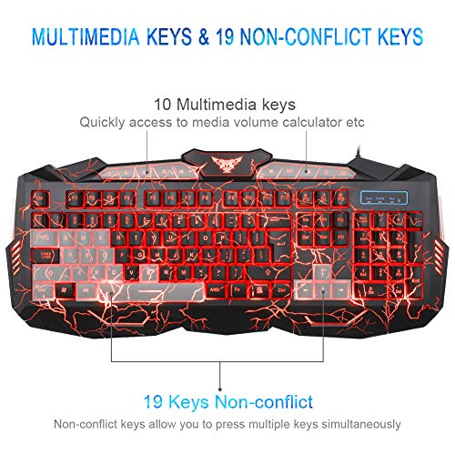 Gaming Keyboard and Mouse Combo with Headset, MFTEK Crack Backlit 3 Colors Keyboard, Wired Gaming Mouse, Lighted Gaming Headset with Microphone Set, 50mm Speaker Driver + Mouse Pad for PC Games - Thumbnail 3