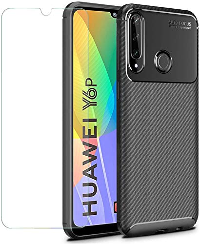 TLING Funda para Huawei Y6p + cristal blindado, silicona TPU, antigolpes, carcasa trasera para Huawei Y6p, color negro Cover