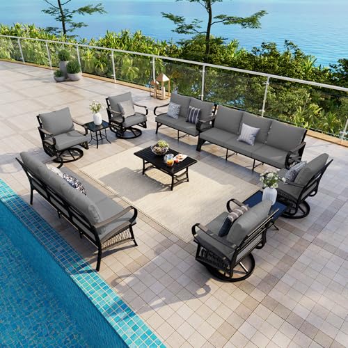 Image of 10 Pieces Patio Conversation Sets, All-Weather Metal Swivel Rocking Chairs with Rope Furniture Set, Outdoor Sofa Couch for Deck, Porch, Garden, Backyard, Poolside (Gray Cushions)