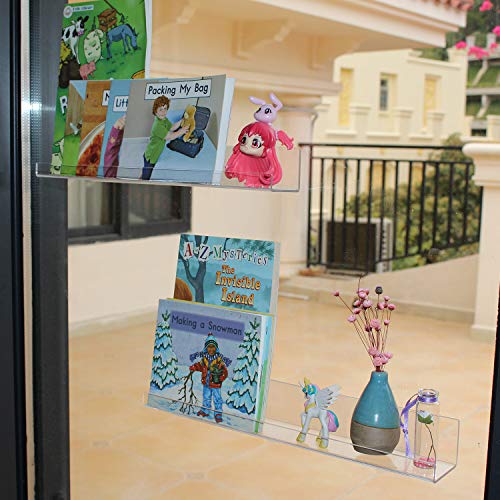 Acrylic Kids Floating Shelves,Adhesive Stickers Window Clear Invisible Bookshelves,Nursery Deco Toy Storage Ledges Wall Drilling Organizer For Bathroom, Girl Or Boy Bedroom 13.8" (Clear 2 Pcs Set) #TOP1