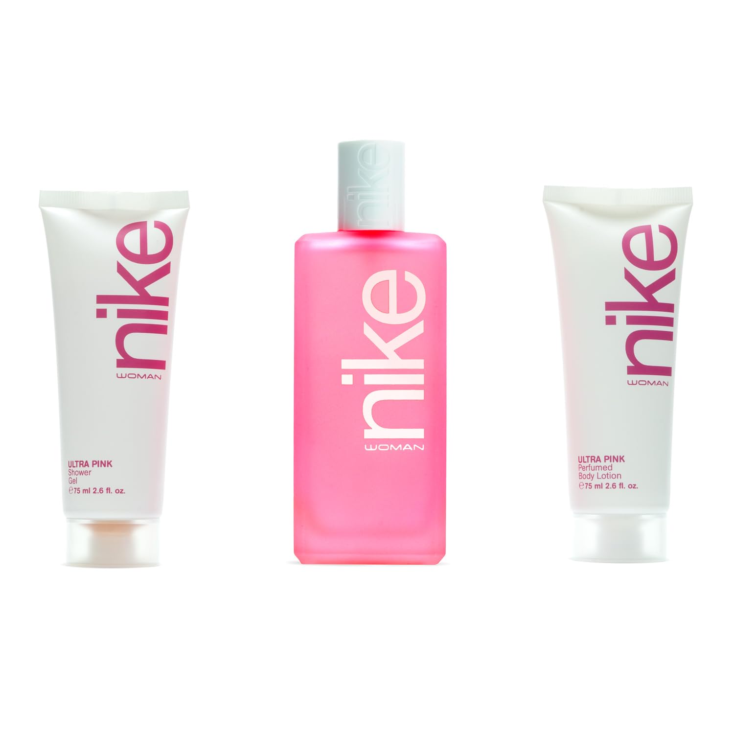 NIKE - Cologne Ultra Pink 100 ml + Crème Corps 75 ml + Gel Bain 75 ml, Coffret Femme, Eau de Toilette Naturelle et Féminine, Arôme Oriental Gourmand, Parfum Frais, Insoumis et Longue Tenue