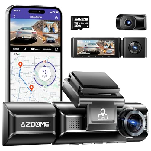 Image of AZDOME M550 4K WiFi 3 Channel On Dash Cam, Dual Front and Rear for Car 4K+1080P Free 64GB Card, Built-in GPS 24H Parking Mode IR Night Vision WDR 3.19 inch IPS, Max up Support to 256GB