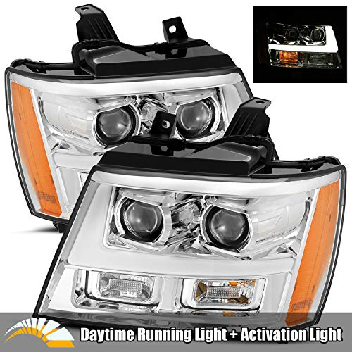 AlphaRex PRO-Series For 07-14 Chevy Tahoe 07-14 Suburban 07-13 Avalanche Chrome LED Tube Dual Projector Headlights with DRL Activation Light