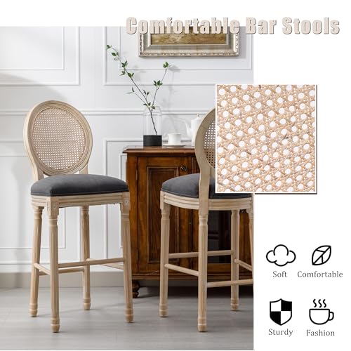 Solid-Wood-Bar-stools-Set-of-2-Classic-French-Country-Wooden-Barstools-with-Upholstered-Seating-30-Kitchen-Bar-Stool-for-High-Bar-Counter-Dark-Grey-Rattan-Back Solid Wood Bar stools Set of 2 Classic French Country Wooden Barstools with Upholstered Seating 30 Kitchen Bar Stool for High Bar Counter Dark Grey Rattan Back