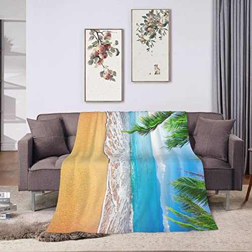 Ocean Sea Beach Palm Leaves Printed Fleece Blanket 80"X60", Super Soft Lightweight Microfiber Throw Blanket For Bed Sofa Travel #TOP7