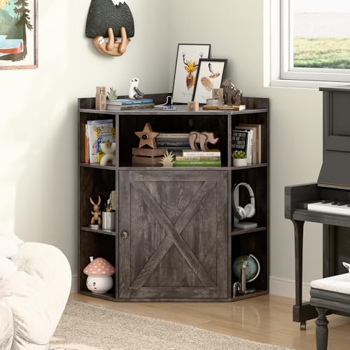Image of Halitaa Corner Storage Cabinet, Farmhouse Corner Bookshelf with Storage 6-Cubby Wooden Cabinet with USB Ports and Outlets Industrial Organizer for Small Space, Study, Playroom, Living Room
