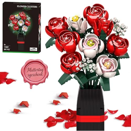 KOJAYHOL Rosen Blumenstrauß Bausatz mit Vase 841 Stück Blumen Baustein DIY Set Muttertagsgeschenk für Mama Weihnachten Valentinstag Künstlerische Pflanzen Deko für Haus und Büro