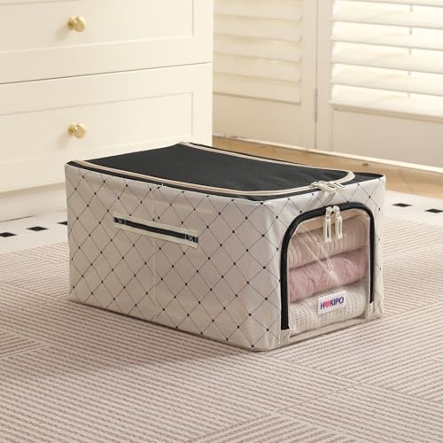Image of HOKIPO Folding Storage Box and Organiser for Clothes, 600D Oxford Fabric Storage Box, Ivory Noir - Medium Pack of 1 (AR-6488-BLK)