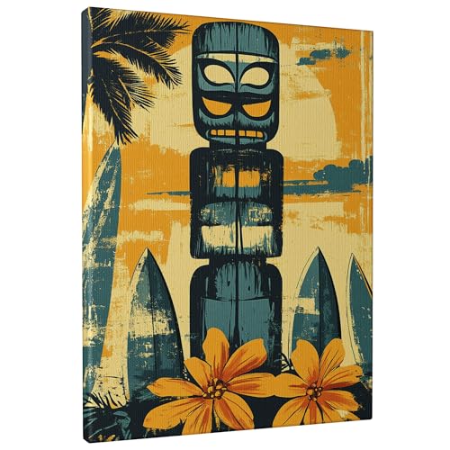 Tiki Totem Wall Art, Yellow Blue Vintage Hawaiian Art Print,