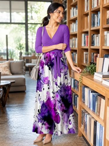 Image of SUZONANA Plus Size Dresses for Women Print Maxi Dresses Flowy 3 /4 Sleeve with Belt