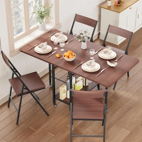 Garvee Foldable Dining Table Set for 4 with Swivel Wheels