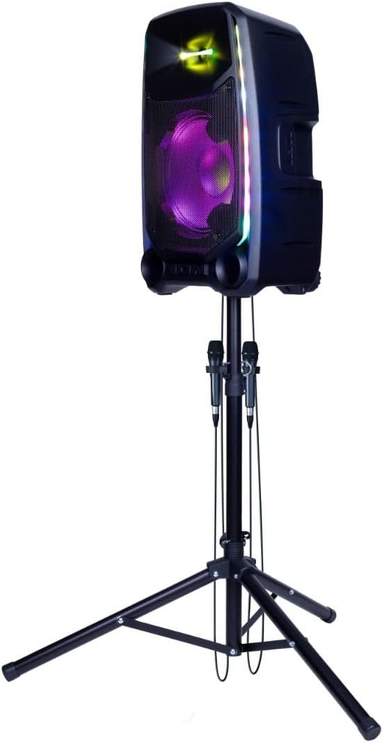 ION Audio PA Ultimate speaker on a stand with two microphones connected
