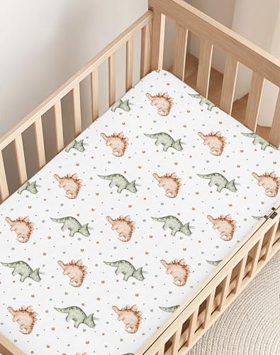 Image of Crib Sheets for Boys and Girls, 2 Pack Fitted Baby Sheets for Standard Toddler Mattress 28 inch x 52 inch, Soft Breathable Jersey Knit Baby Bedding (Tiny Dinos)
