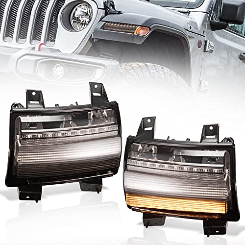 BUNKER INDUST JL Fender Flares Lights, LED Sequential Flashing Turn Signal with DRL Compitable for Jeep Wrangler 2018 2019 2020 Sahara Rubicon Front Wheel Eyebrow Light,Smoked Lens(Not Fit Sport)
