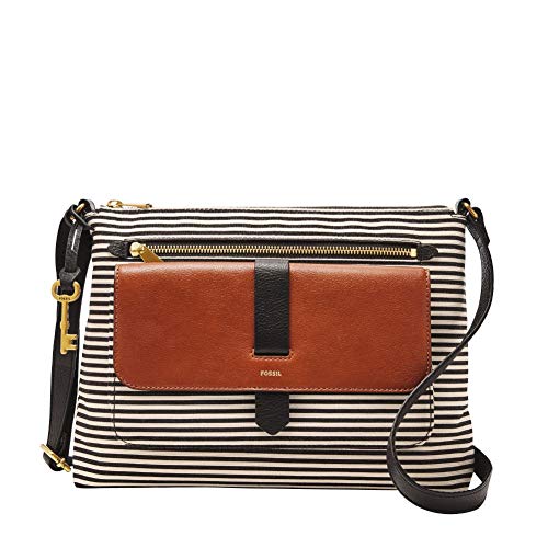 Fossil Women's Kinley Fabric Large Crossbody Handbag, Black Stripe With Women's Logan Faux Leather Rfid Tab Clutch Wallet, Brown #TOP2