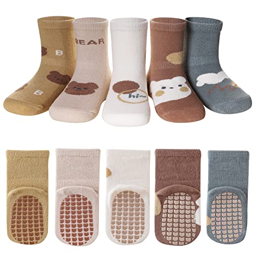 Image of Velice Baby Socks Toddlers Non Slip Socks Little Girls Boys Cute Cartoon Cotton Crew Walking Grips Socks 5 Pairs