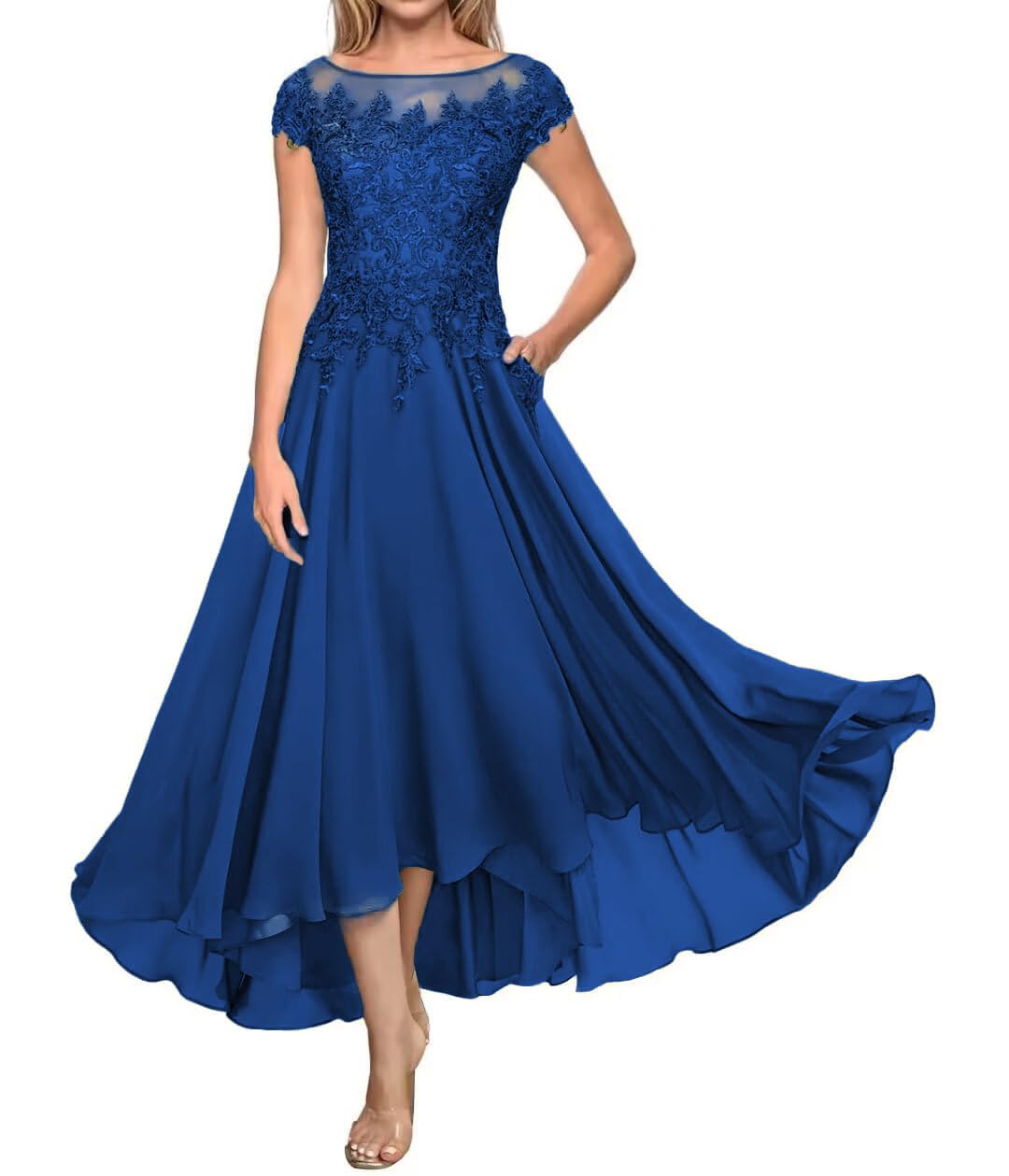 Kiyne Women's Royal Blue Lace Applique Chiffon Mother Of The Bride Dresses For Cap Sleeve Tea Length Mother Of Groom Dress Uk18