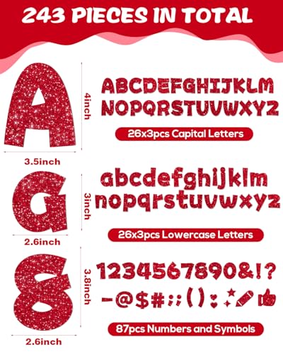 Image of 243 Pcs Glitter Bulletin Board Letters, Numbers and Punctuation 4 Inch | Cut Out Letters for Bulletin Board Decorations, Poster Board Letters Alphabet Cutouts for Classroom Wall Decor (Red)