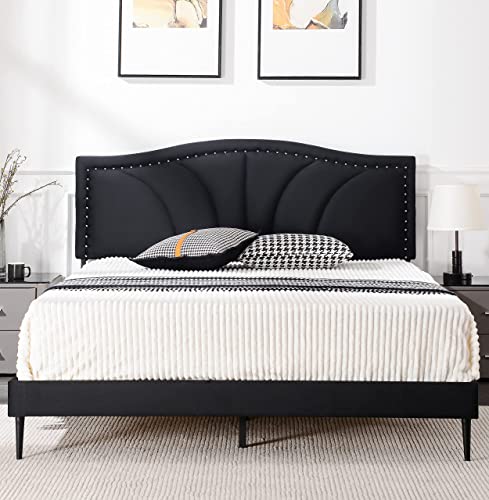 AsKmore-King-Size-Bed-Frame-Velvet-Upholstered-Platform-Bed-with-Decorative-Line-Nailhead-Trim-Headboard-with-Wood-Slat-SupportNo-Box-Spring-NeededEasy-Assembly-Black
