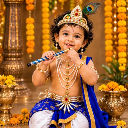 Image of Raj Costume Shri Krishna Dress for Kids, Bal Krishna Costume for Baby Boy and Girl, Janmashtami Fancy Dress Costume, Krishna Dress for Kids