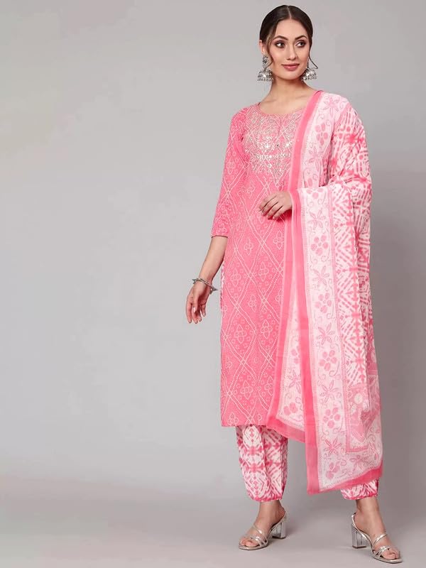 Pinkmint Women Cotton Straight Printed Kurta With Pant & Dupatta Pink