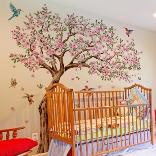 Runtoo Calcomanías de pared grandes con diseño de cerezo rosa, para guardería, sala de estar, dormitorio, decoración