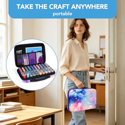 Image of MERATIA Diamond Painting Storage Case Organizer, 40 Slots with Accessories | Celestial Journey hard-shell case with 10 flip-top boxes, 30 screw-top jars, foam insert, mesh pocket and tools.
