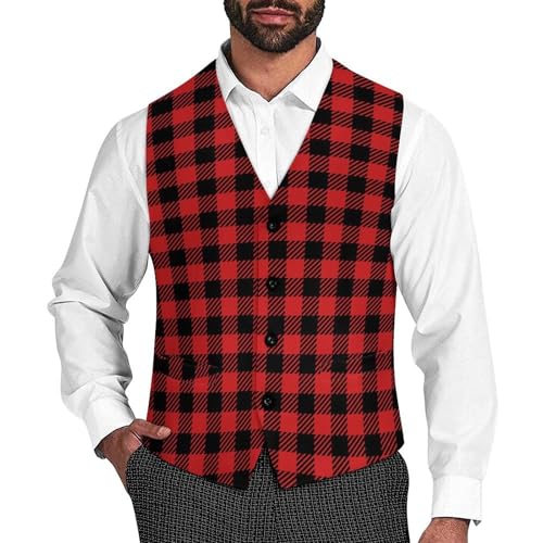 Red and Black Lumberjack Buffalo Plaid Funny Men's Formal Suit Vest Casual Business Dress Waistcoat Printed Vest Slim Fit