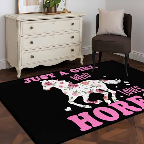 3x5 Machine Washable Small Bedside Rug, Pink Flowers Horse Rugs