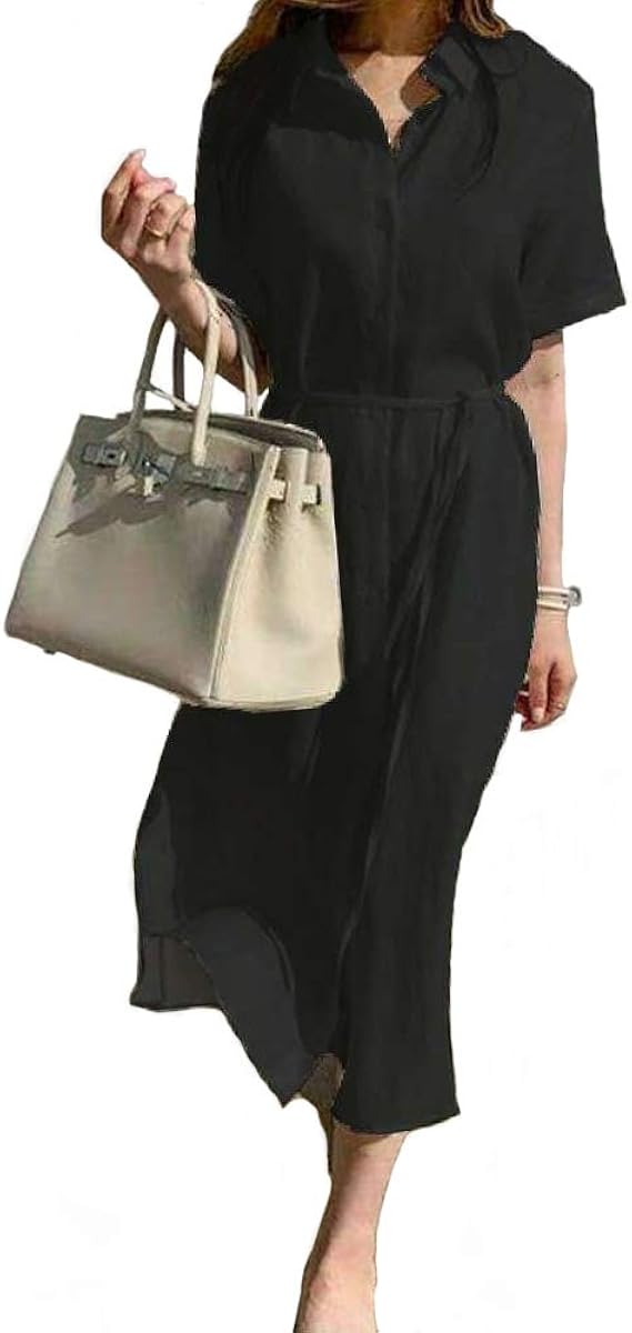 Amazon Co Jp レディース シャツ ワンピース 綿麻 夏 半袖 コットン 綿麻 ワンピース ゆったり 無地 ベルト付き 体型カバー Aライン おしゃれ ママワンピース 上品 大人 夏物シンプル ワンピース ノースリーブ チュニック マキシ ワンピース 服 ファッション小物