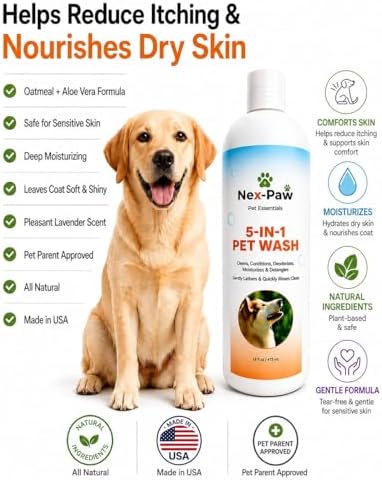 NEX-PAW 5-in-1 Dog Shampoo & Conditioner β Deodorizing, Cleaning, Moisturizing & Detangling Pet Wash for Dogs & Puppies β Gentle Formula β 16 oz - 5