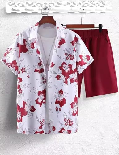 Image of Yimoon Men's Summer 2 Piece Outfits Tropical Print Short Sleeve Button Down Hawaiian Beach Shirt and Shorts Set