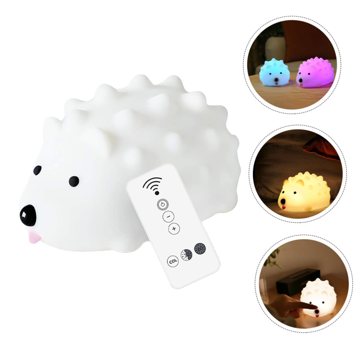 Anneome Luz de Noche Erizo de Silicona Color Claro LED y USB | Cable USB y Mando a Distancia, Diseño Regulable y Tacto Suave, Decoración de Mesa para Cafeterías