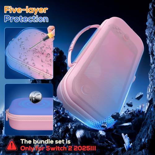 Image of Auarte [Charge Inside Switch 2 Carrying Case for Nintendo Switch 2 | Slim Travel Carry Cases for Switch 2 Accessories with Protective Cover Case (Pink, for Switch 2, Case Protector 5 in 1 Set)