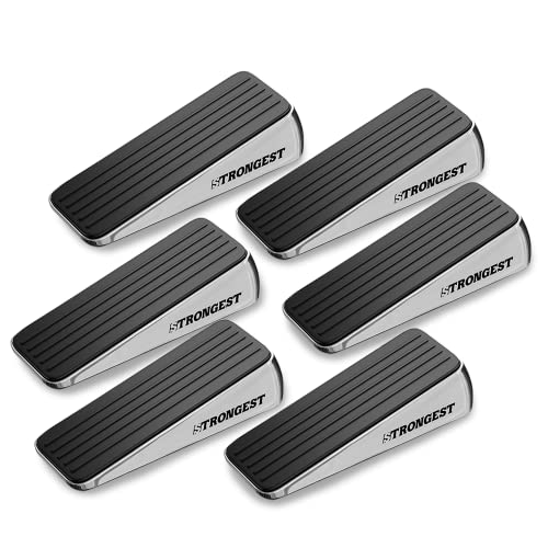 Image of STRONGEST HOME Stoppers for Bottom of Door - Heavy Duty Metal Rubber Door Stopper, Non-Slip Door Stop for Heavy Doors, Works on Wood, Tile & Carpet Floors Wedge Chrome 6 PCs + 6 White Wall Protectors