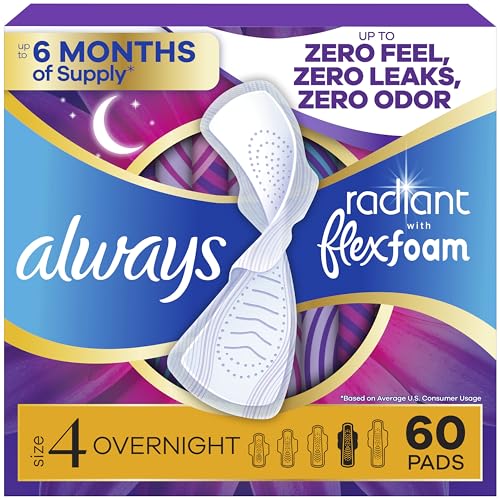 Always Radiant Feminine Pads for Women Flexfoam Pads with Wings Size 4 Overnight Absorbency Lightly Scented 60 Count (3 Packs of 20)