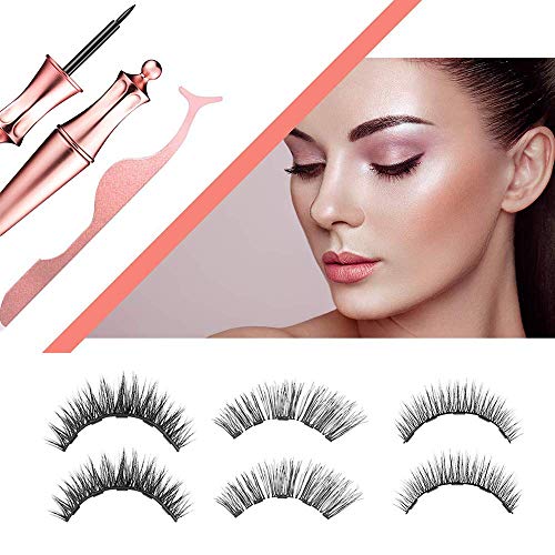 Magnetic Eyelashes with Eyeliner Kits, Natural Look Magnetic False Lashes with 5 Magnets and Applicator, No Glue, Sticky, Lasting, Waterproof, Pack of 3 Pairs