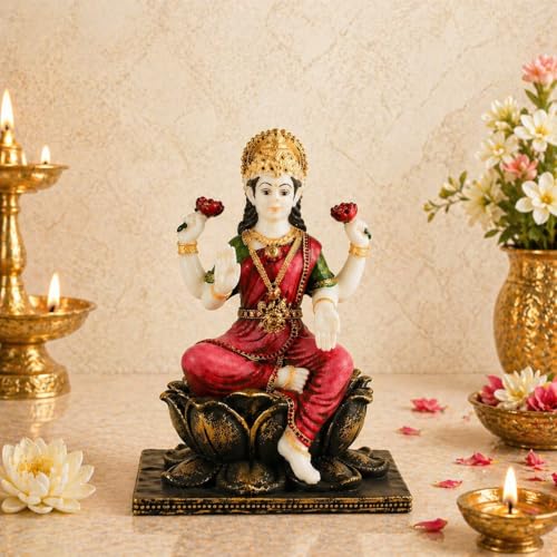 Image of ARMONIA Laxmi MATA Idol with Lotus Throne and Golden Crown | Mahalakshmi Devi Murti for Home, Mandir,Office Desk,Varalakshmi Vratam,Spiritual Decoration,Best Spiritual Gift for Wedding & Housewarming