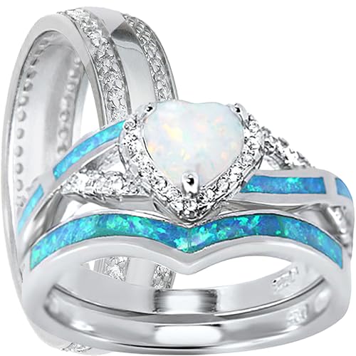 3 PCS Wedding Ring Sets His And Hers Promise Ring Couples Bridal Sets Women Sterling Silver Lab Opal Man Titanium Wedding Bands 5/9 - Main Image
