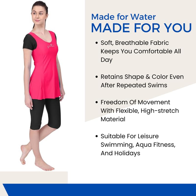 Image of Originals Swimming Costume for Women's One-Piece Beach Wear with Sleeve & Skirted 3 /4 Leggings Maximum Covered Swim Wear Dress (L - 7XL)