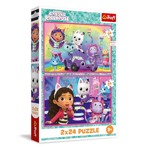 Trefl - Puzzle 2 en 1 : Gabby's Dollhouse, Les Jeux avec Gabby - 2 x 24 Pièces, Ensemble de Deux Puzzles pour Les Enfants à partir de 3 Ans