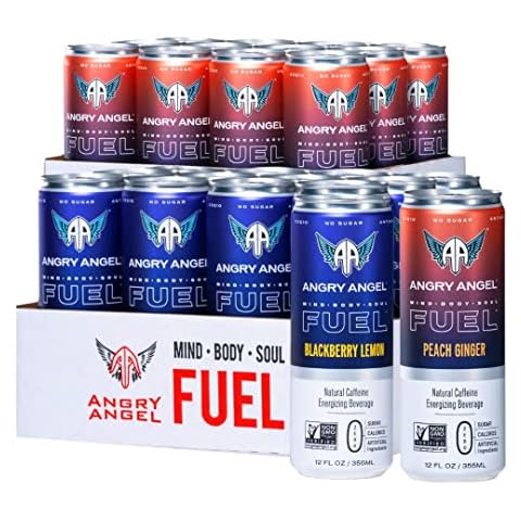 Angry Angel Blackberry Lemon & Peach Ginger Natural Energy Drink - (24 count) Mixed Pack - Zero Sugar - CoQ10 - Important B Vitamins - 12 oz Cans Cover