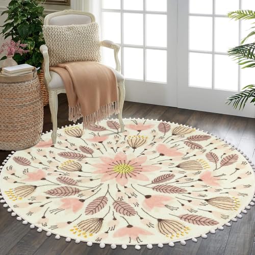 Image of Uphome Round Rug for Bedroom 5.3' Circle Cute Area Rug with Pom Poms Fringe Floral Plant Washable Throw Rugs Non-Slip Soft Floor Mats for Entryway Laundry Living Room Kids Room Nursery, Pink