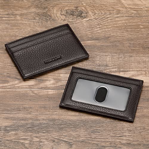 Image of HISCOW Slim Full Grain Leather Card Holder with ID Window, Pebbled Coffee | Men's minimalist EDC wallet, front pocket carry, 2 credit card slots & center pocket, fits folded bills, premium gift box
