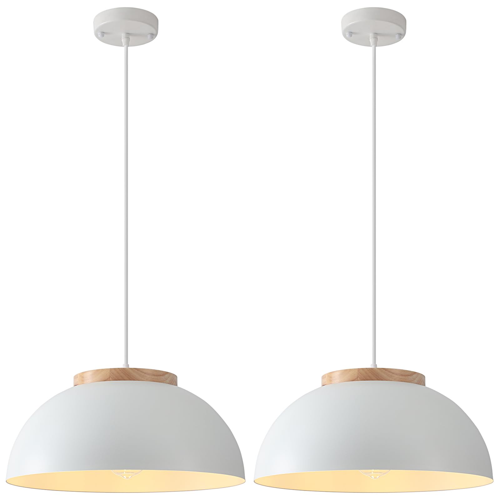 PINDODO White Pendant Light 2 Pack, 16" Large Pendant Lights Kitchen Island with Wooden Holder, Farmhouse Pendant Light Fixtures for Dining Room,