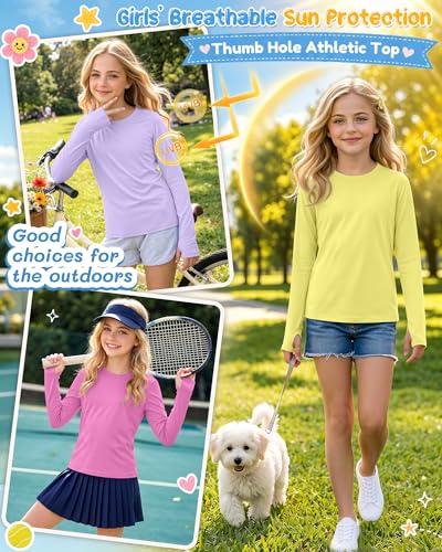 Image of 3 Pack Girls' Rash Guard Swim Long Sleeve Shirt UPF 50+ UV Sun Protection Quick Dry Tee with Thumb Holes 5-14Y