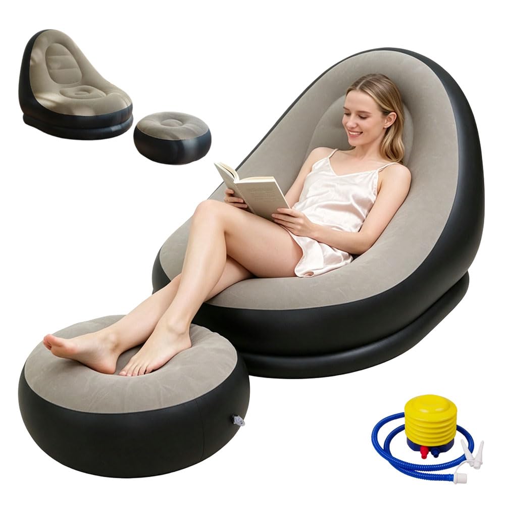 Jonuin Inflatable Sofa, 2-Piece Inflatable Lounge Chair & Footstool, Blow Up Sofa with Foot Pump for Bedroom, Living Room, Garden & Outdoor Camping Relaxing Gaming (125x105x100cm)