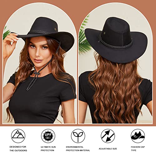 Rainflowwer Black Cowboy Hat Men For Women, Faux Felt Cowgirl Hat, Western Hat, Panama Hat, Outdoor Wide Brim Hat With Strap #TOP6